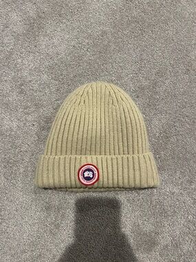 Canada Goose Knit Cuffed Beanie in Beige with Logo Patch